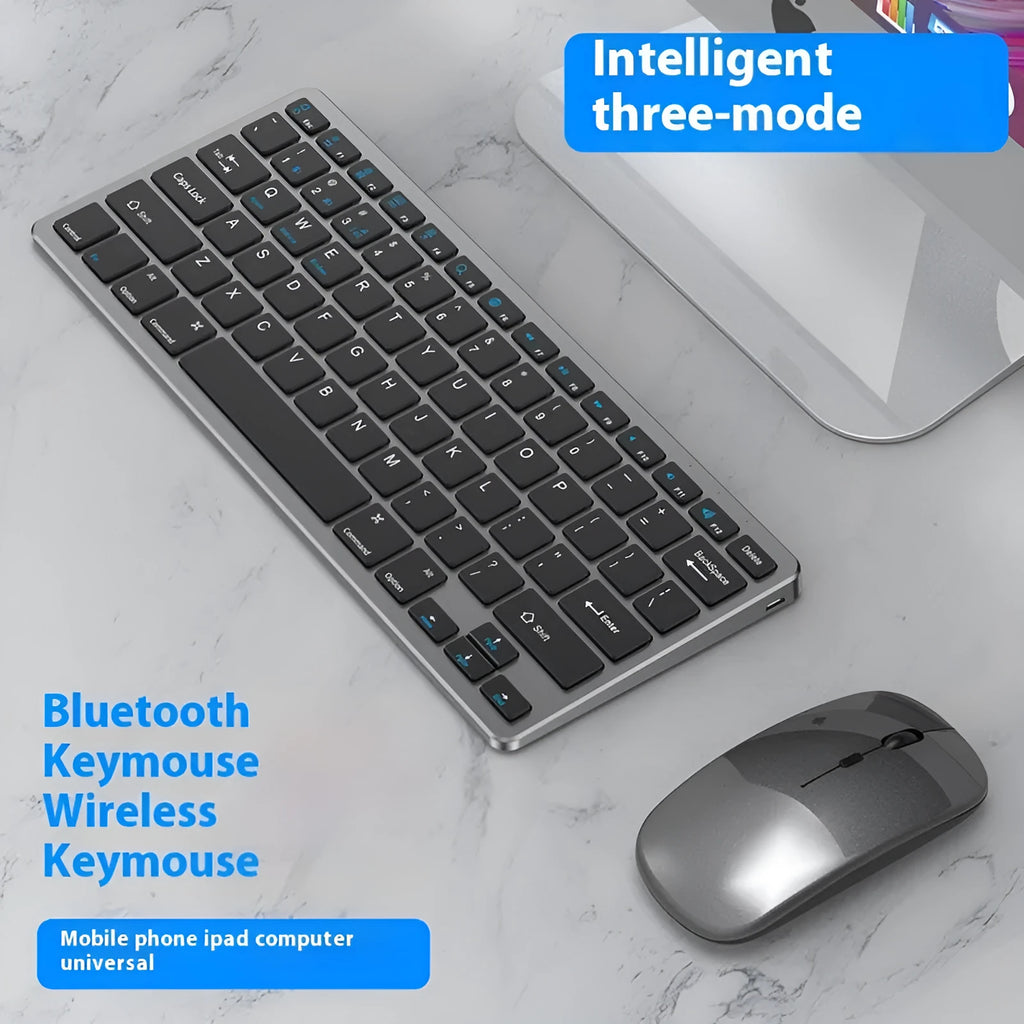 Ultra-thin wireless keyboard and mouse combo in black, gunmetal, or silver with rechargeable Bluetooth connectivity