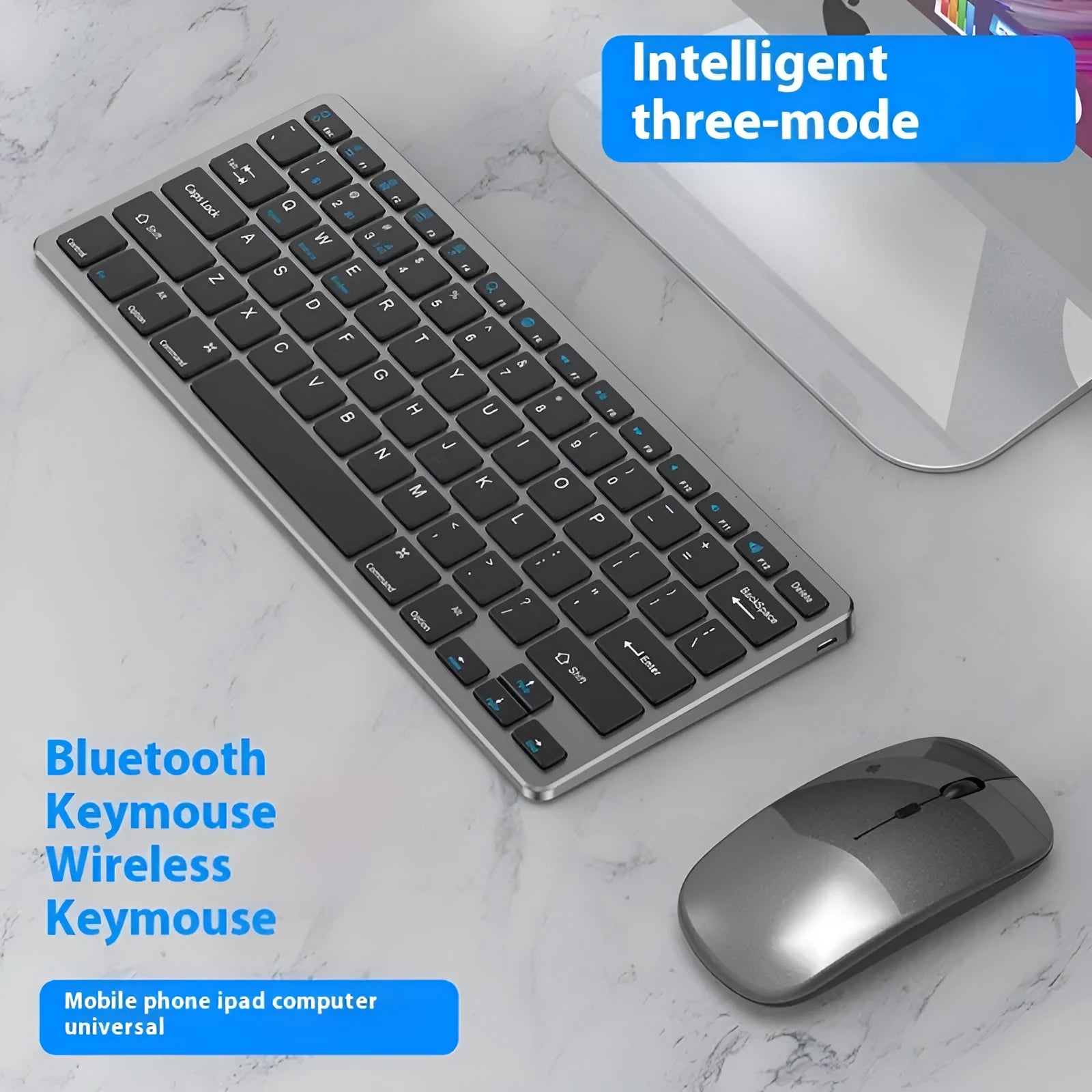 Ultra-thin wireless keyboard and mouse combo in black, gunmetal, or silver with rechargeable Bluetooth connectivity