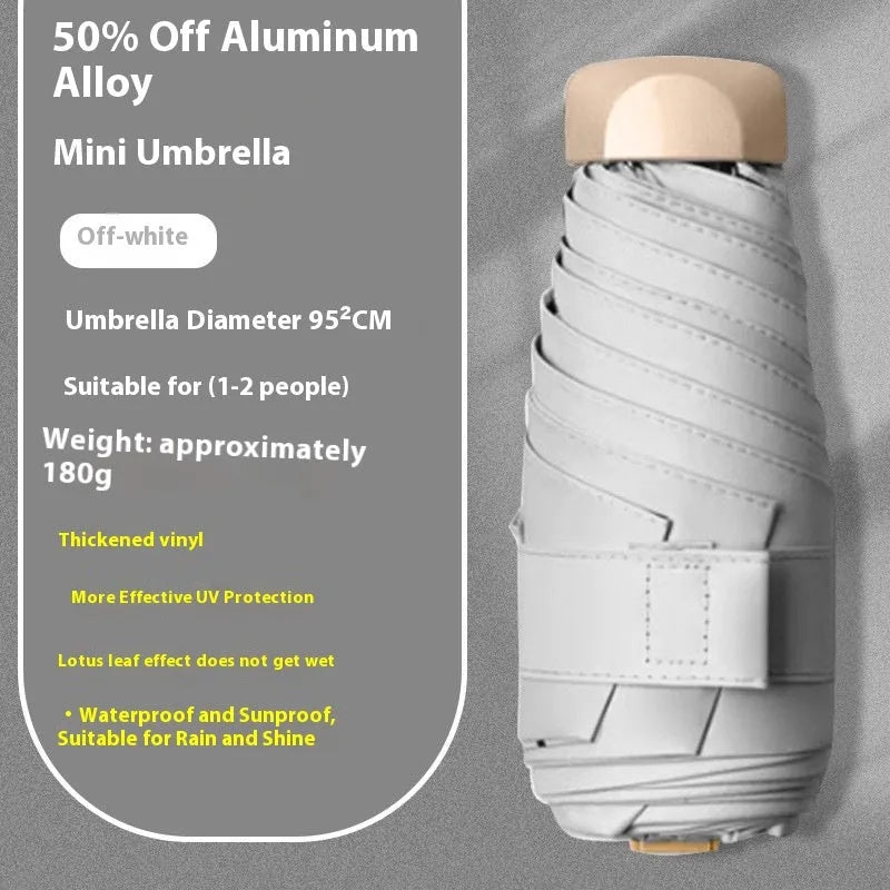 Compact folded five-fold sun umbrella with vinyl canopy and alloy frame in a choice of eight colours.