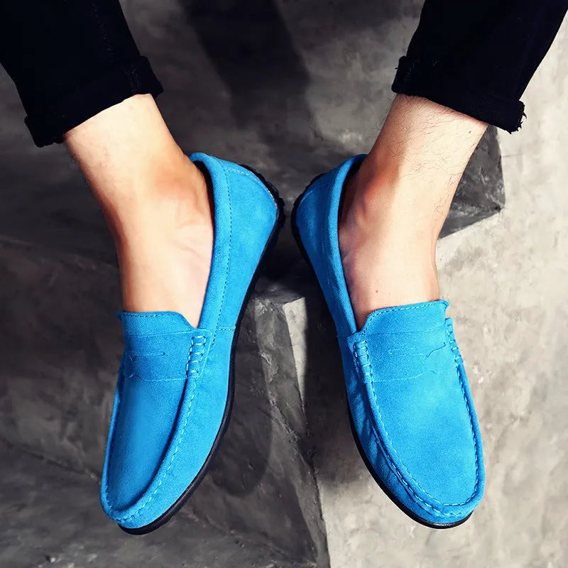 Men's suede leather casual loafers in low-top Gommino style with rubber soles