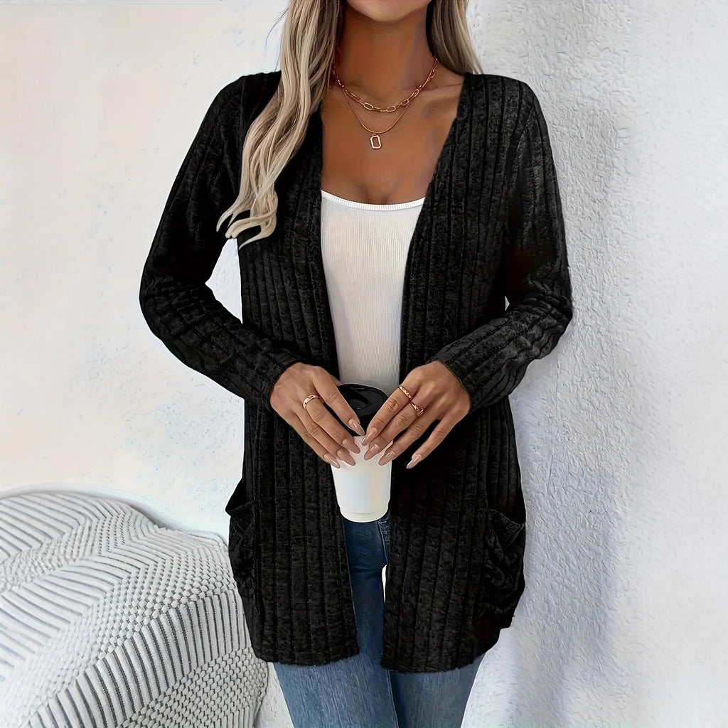 Solid colour long sleeve cardigan with pockets in loose fit, available in grandma grey or black