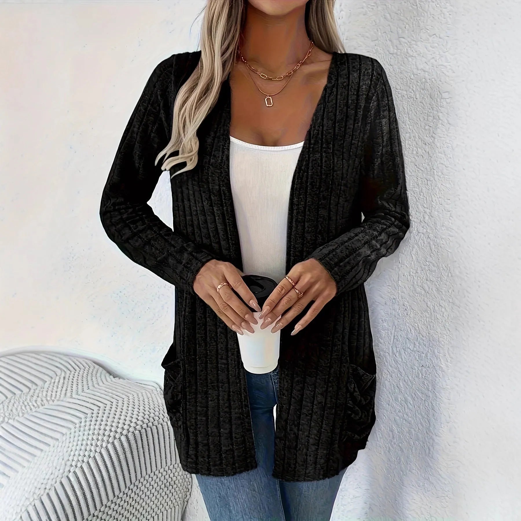 Solid colour long sleeve cardigan with pockets in loose fit, available in grandma grey or black