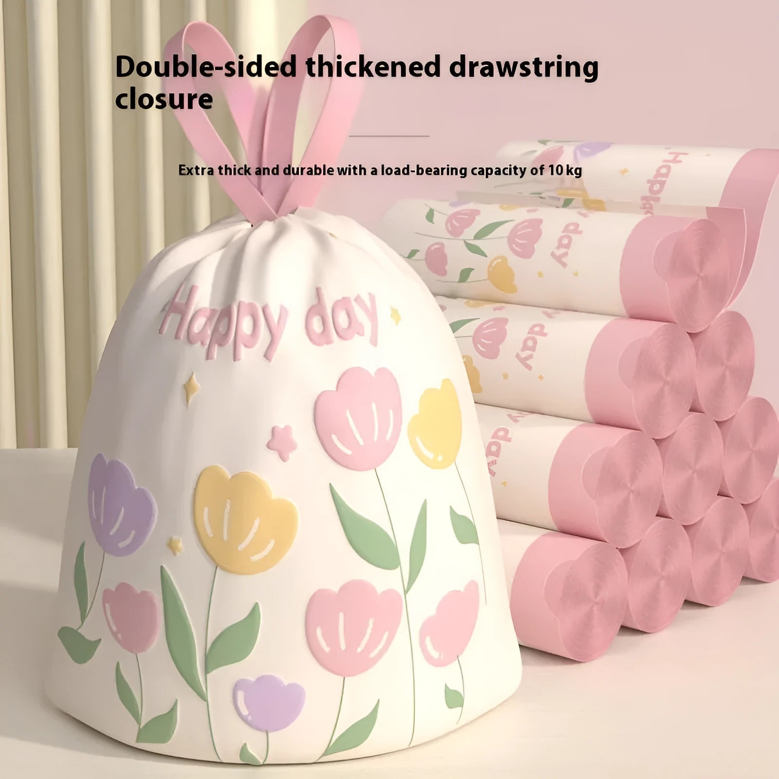 Pink drawstring garbage bags with argy wormwood mosquito repellent, size 44cm by 48cm.