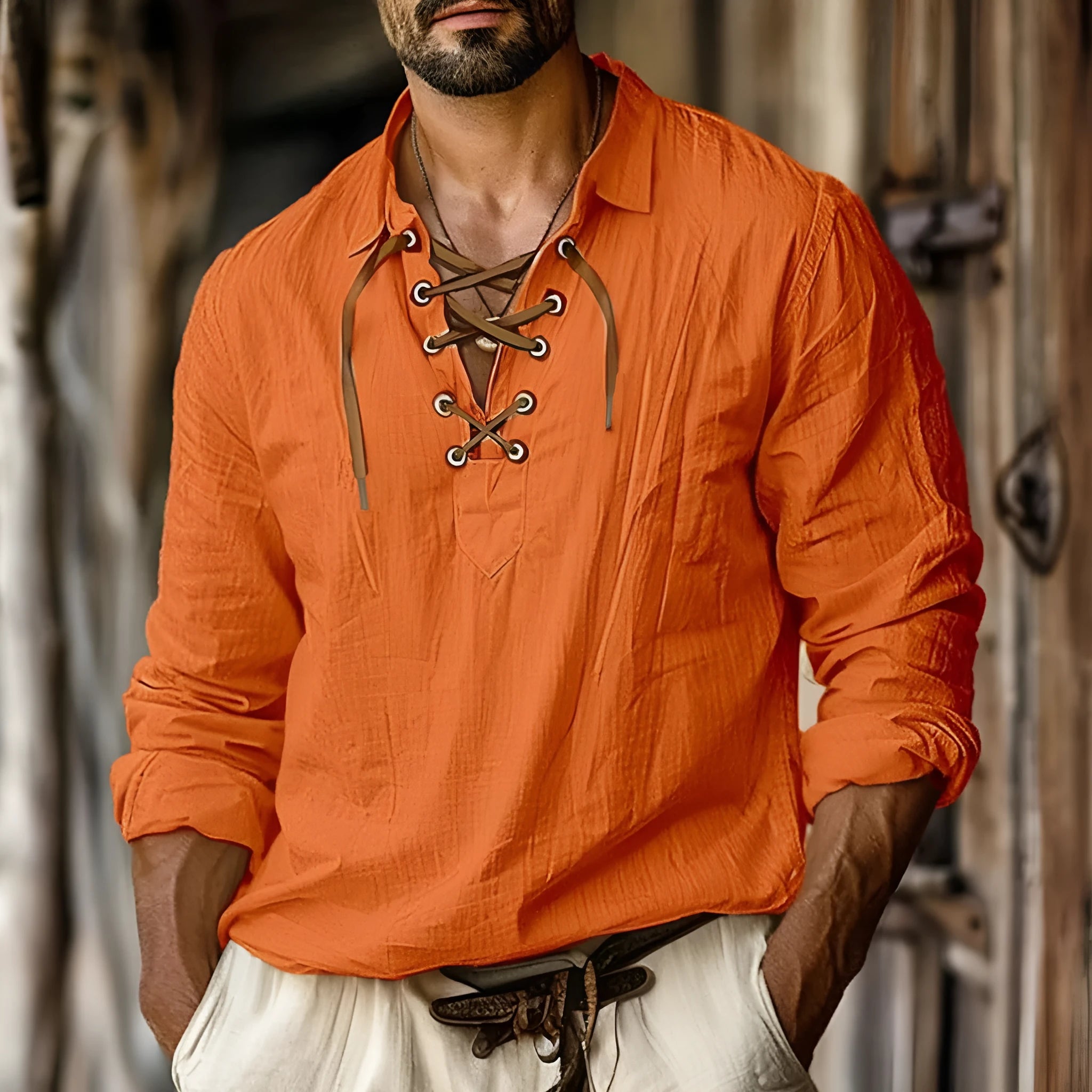 Men's plus size blue linen blend shirt with lapels and lace detailing, loose long sleeves.