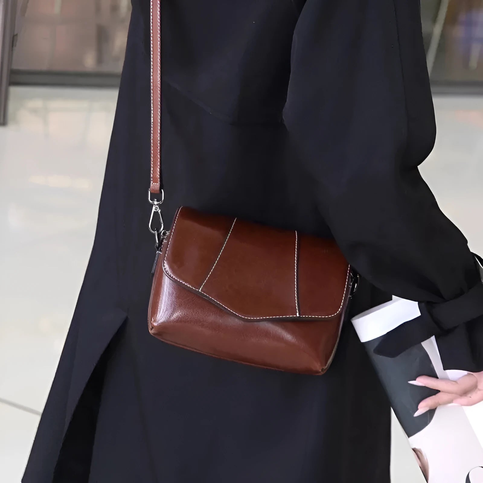 Top grain leather crossbody bag for women in caramel colour with zip closure and patchwork design