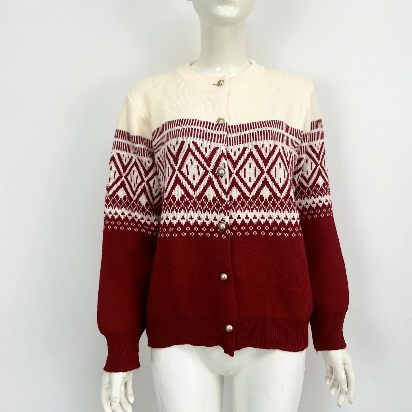 Women's red alpaca wool cardigan with grey and white diamond pattern and long sleeves