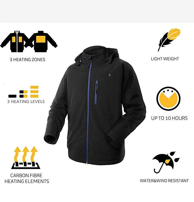 Black men's USB heated winter coat with zipper pockets, shown on a model.