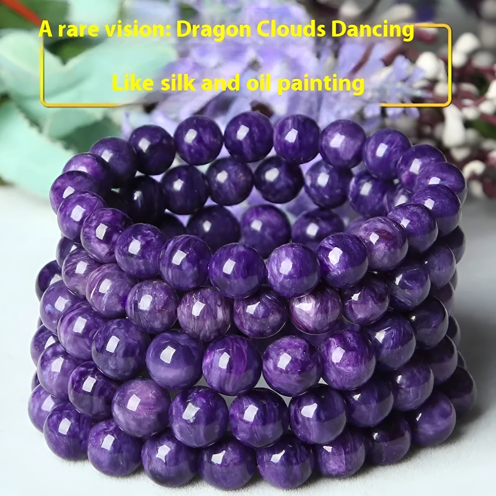 Natural transparent charoite crystal bracelet with platinum on a white background, showing bead detail.