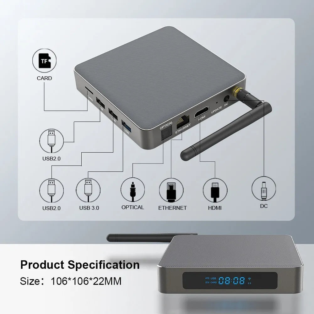 Android smart TV box with 8K output, RK3566 processor, and compact square design