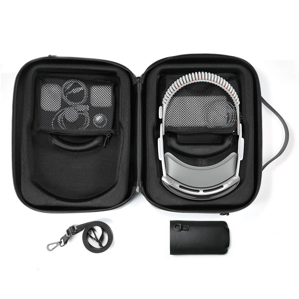 Vision Pro MR headset storage box in black Superfiber material showing interior dimensions