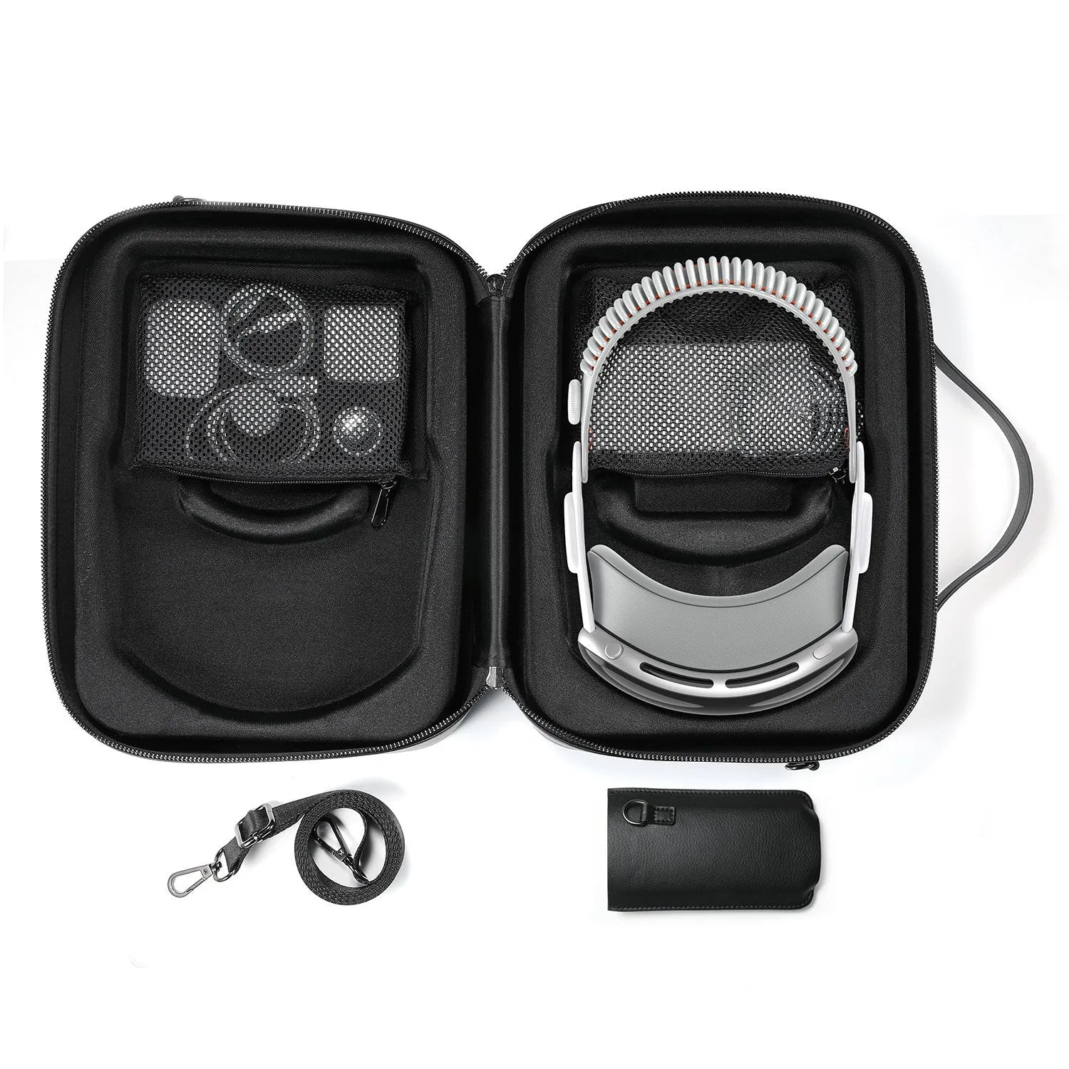 Vision Pro MR headset storage box in black Superfiber material showing interior dimensions