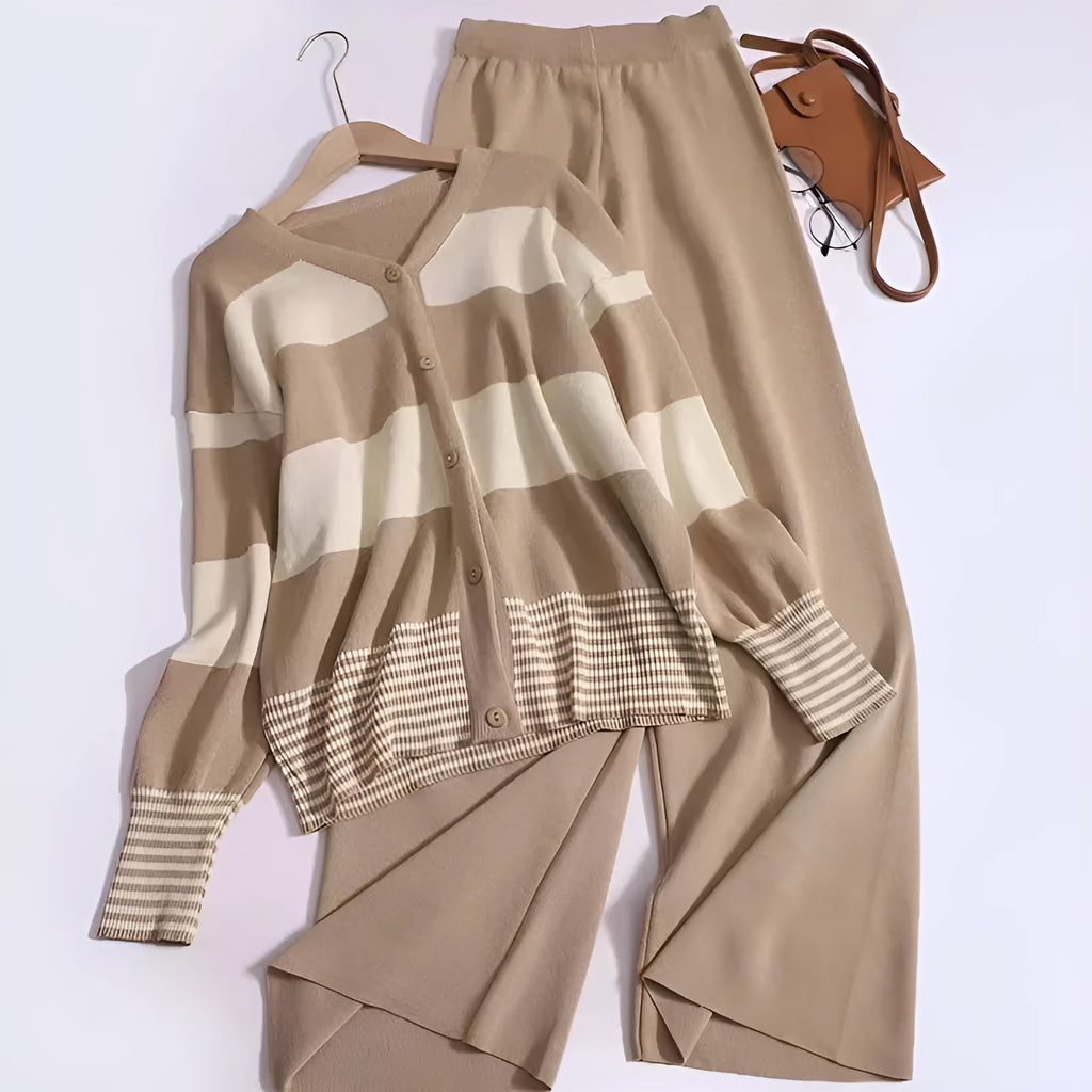 Korean street fashion striped V-neck knitted cardigan and wide leg pants two-piece suit for women in black, loose fit