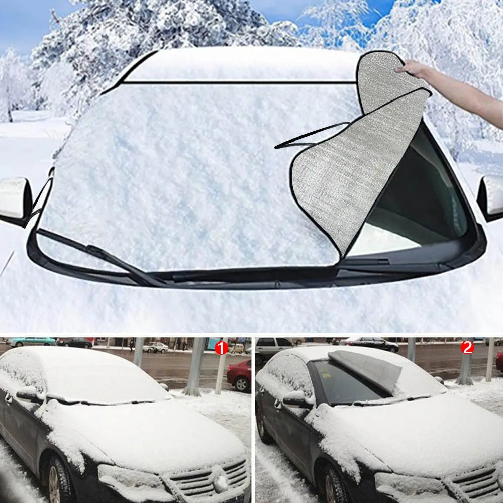 Car snow protection front cover with aluminium foam fabric and lanyard installation system