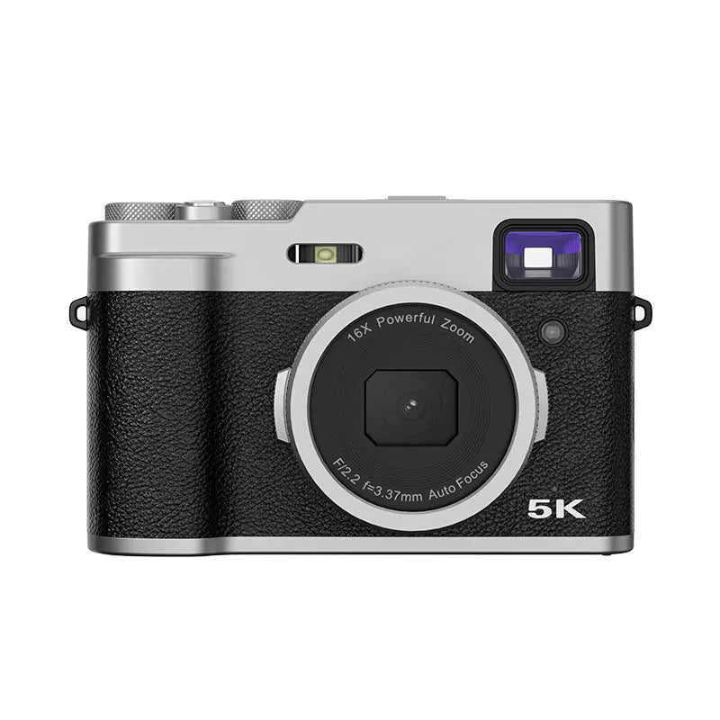 Black 5K HD digital camera with front and rear lenses, optical viewfinder, and 2.88-inch screen on a table.
