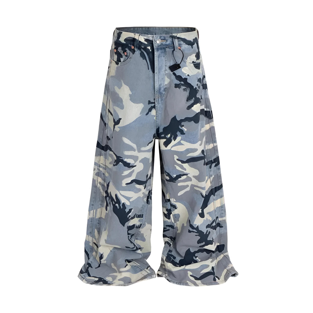 Snow camouflage blue loose fit jeans with cotton elastic denim construction and mid-waist design