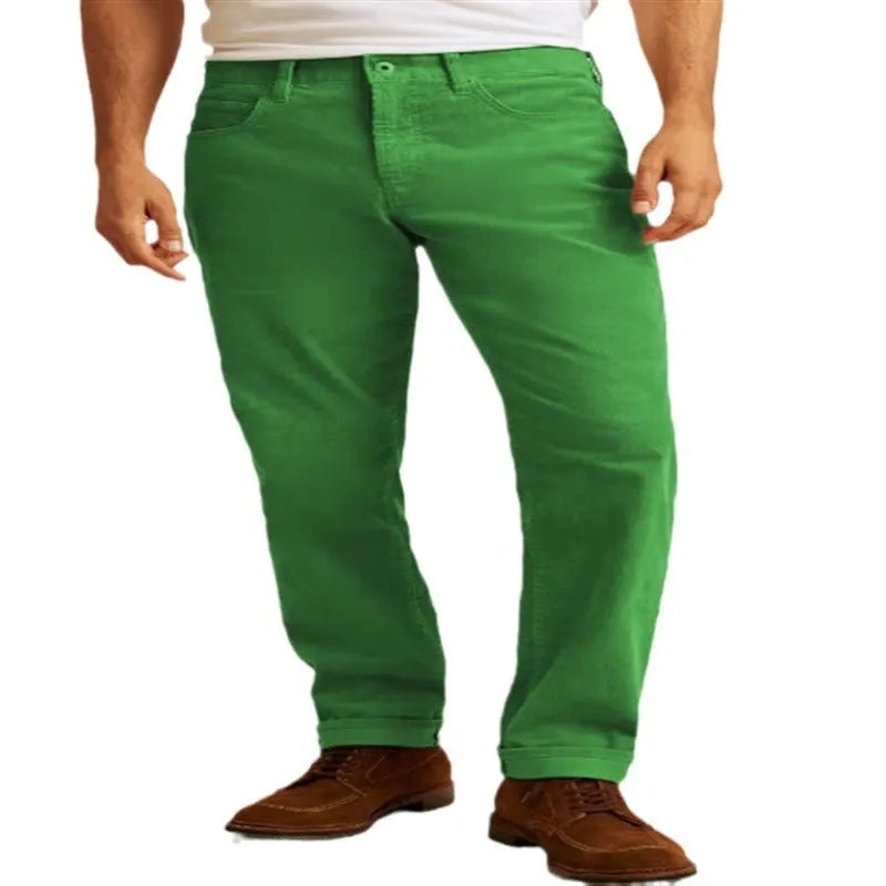 Green corduroy trousers with loose fit straight leg design and zip fly closure
