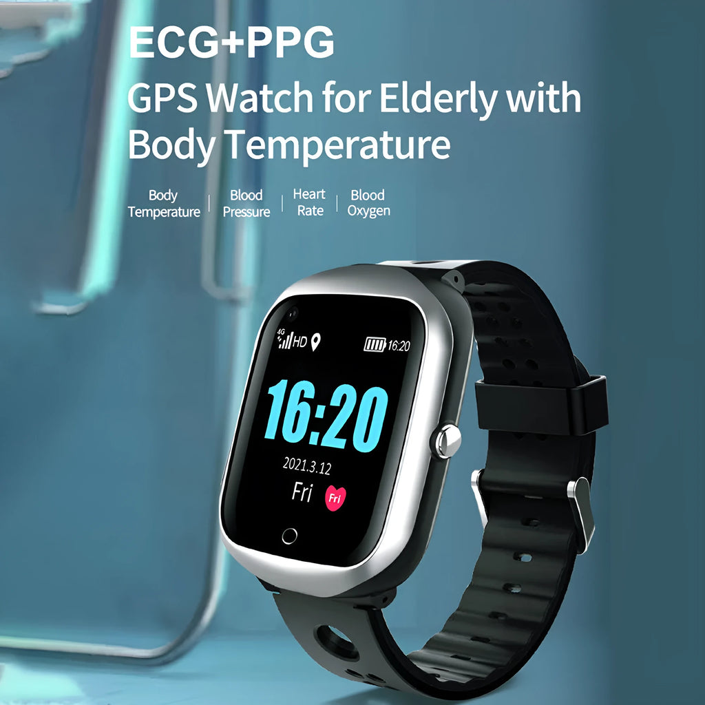 Square faced elderly safety watch with GPS tracking and SOS button in black, blue or silver colour options