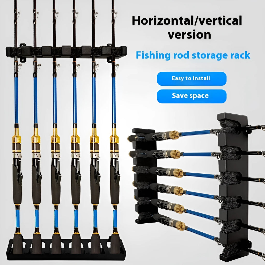 Black ABS plastic wall-mounted fishing rod holder rack in horizontal and upright style options