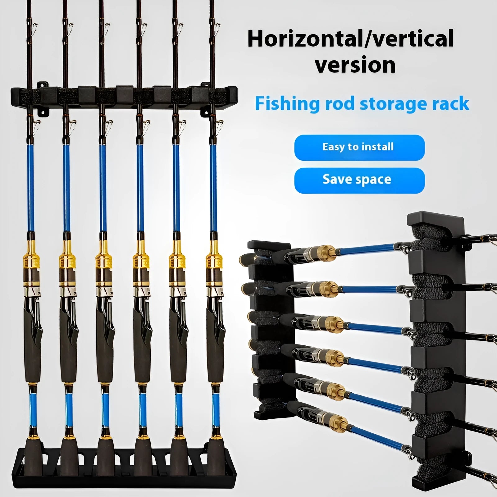 Black ABS plastic wall-mounted fishing rod holder rack in horizontal and upright style options