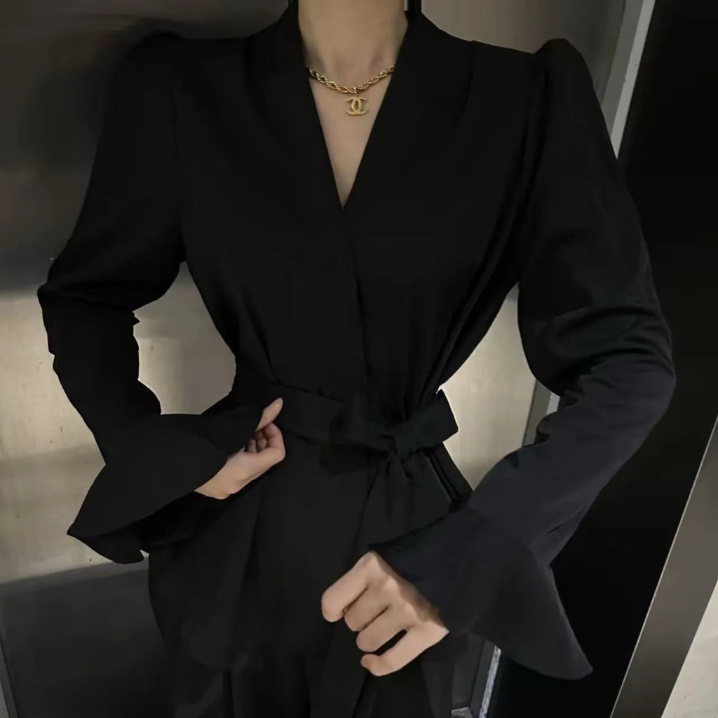 Women's French-style irregular collar long sleeve tied shirt with bell sleeves in black colour