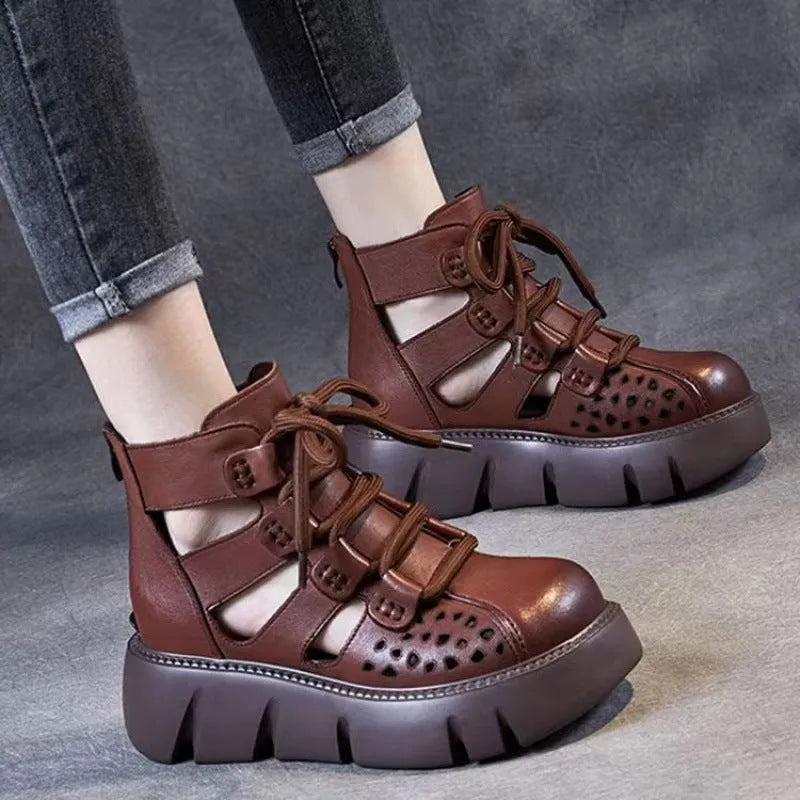 Women's black platform sandals with hollow hole design and fish mouth toe