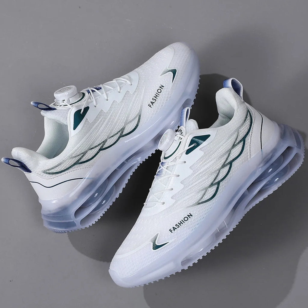 Men's white low-top mesh casual running shoes with round toe and lace-up front, on a solid background.