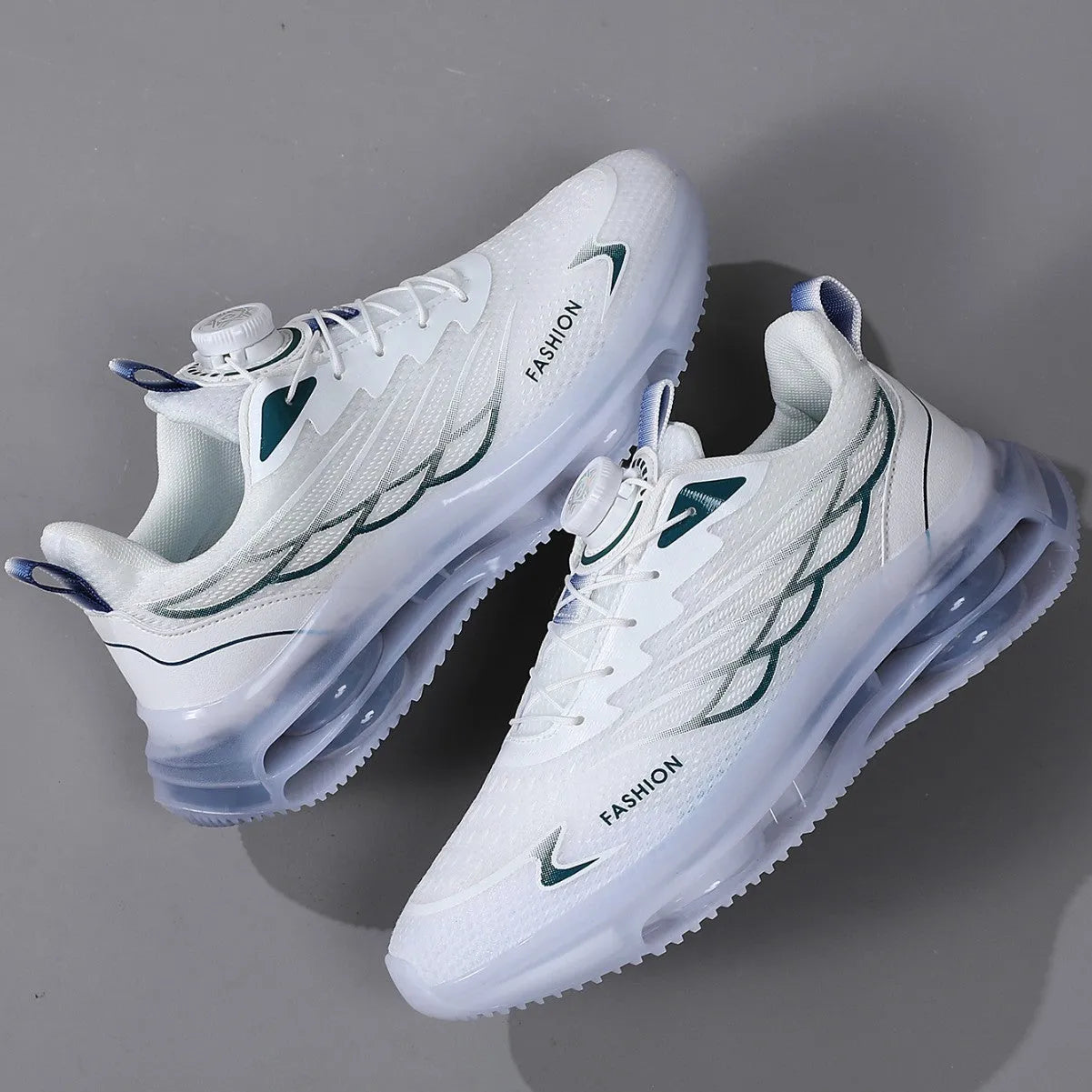 Men's white low-top mesh casual running shoes with round toe and lace-up front, on a solid background.