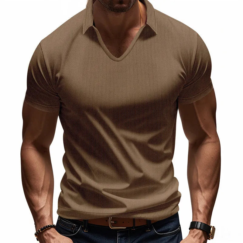 Men's casual V-neck short sleeve top in cotton blend fabric showing loose fit and solid colour options