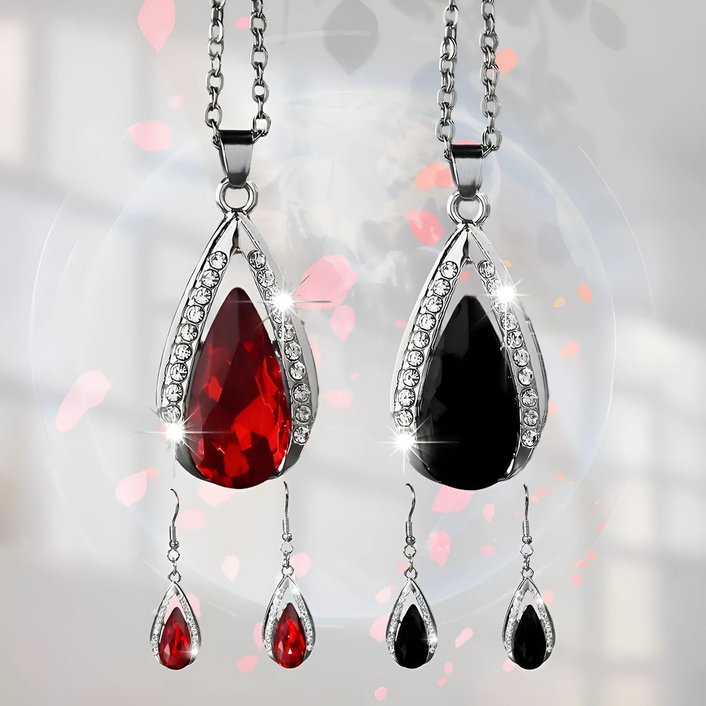 Teardrop glass pendant necklace and matching earrings set in black or red colour