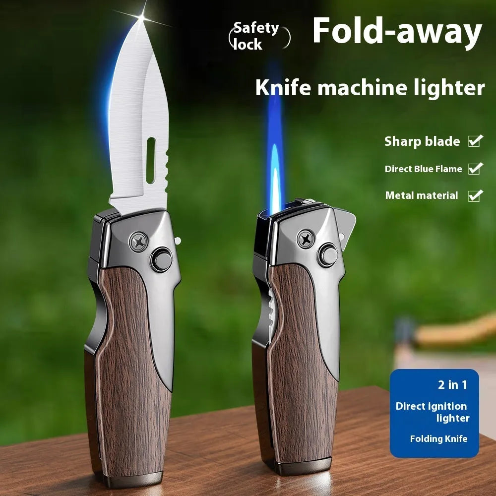 Metal folding knife lighter in zinc alloy with safety lock and one-click unfolding mechanism