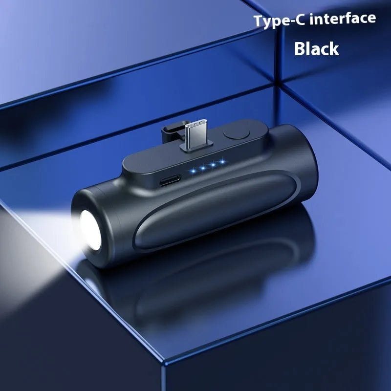 Black Glare power bank with integrated LED flashlight showing USB-C port and compact size.