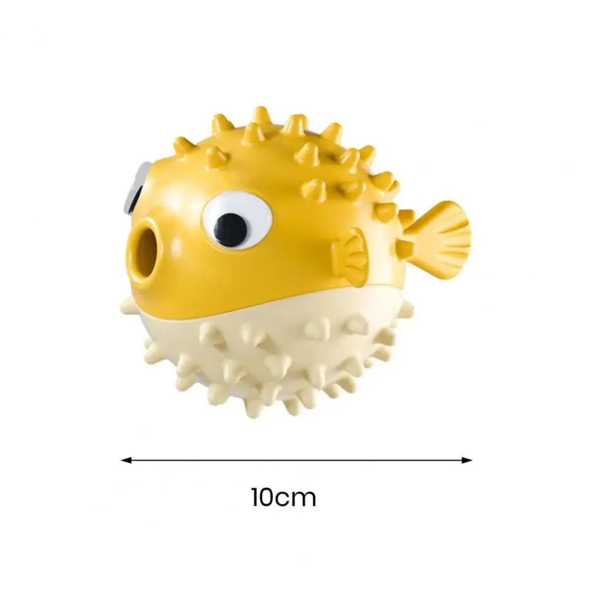 Yellow vinyl fish-shaped dog chew toy with textured surface for aggressive chewers