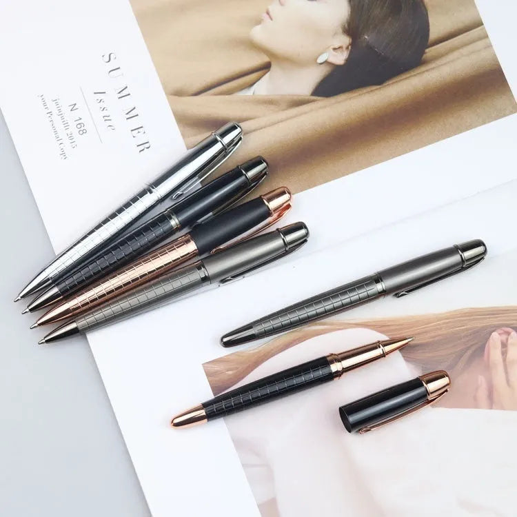 Grey metal roller pen with 13.5cm barrel and water-based ink refill
