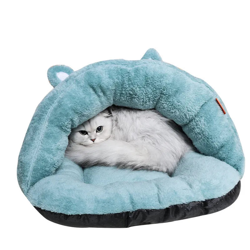 Soft plush pet cave bed in beige with cushion for small dogs and kittens