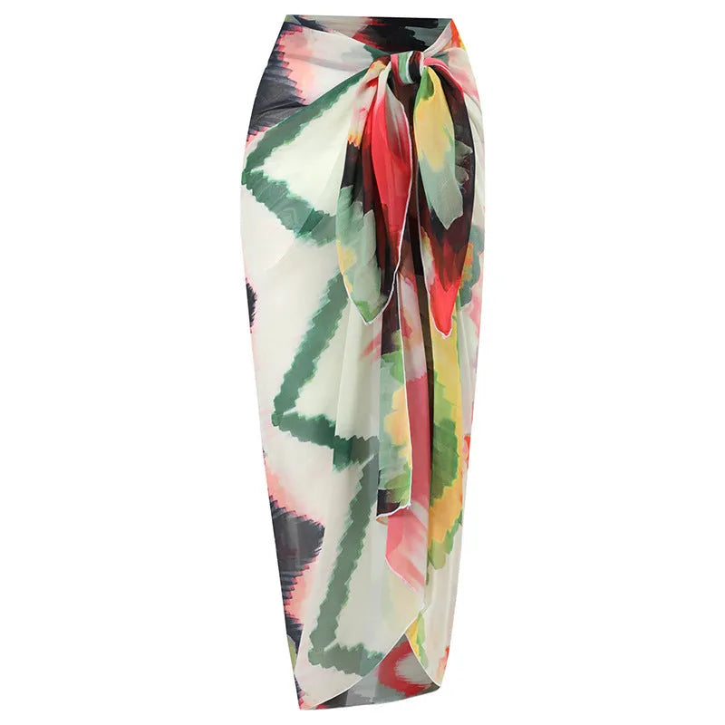 Women's striped two-piece swimsuit with matching hip skirt in gradient print