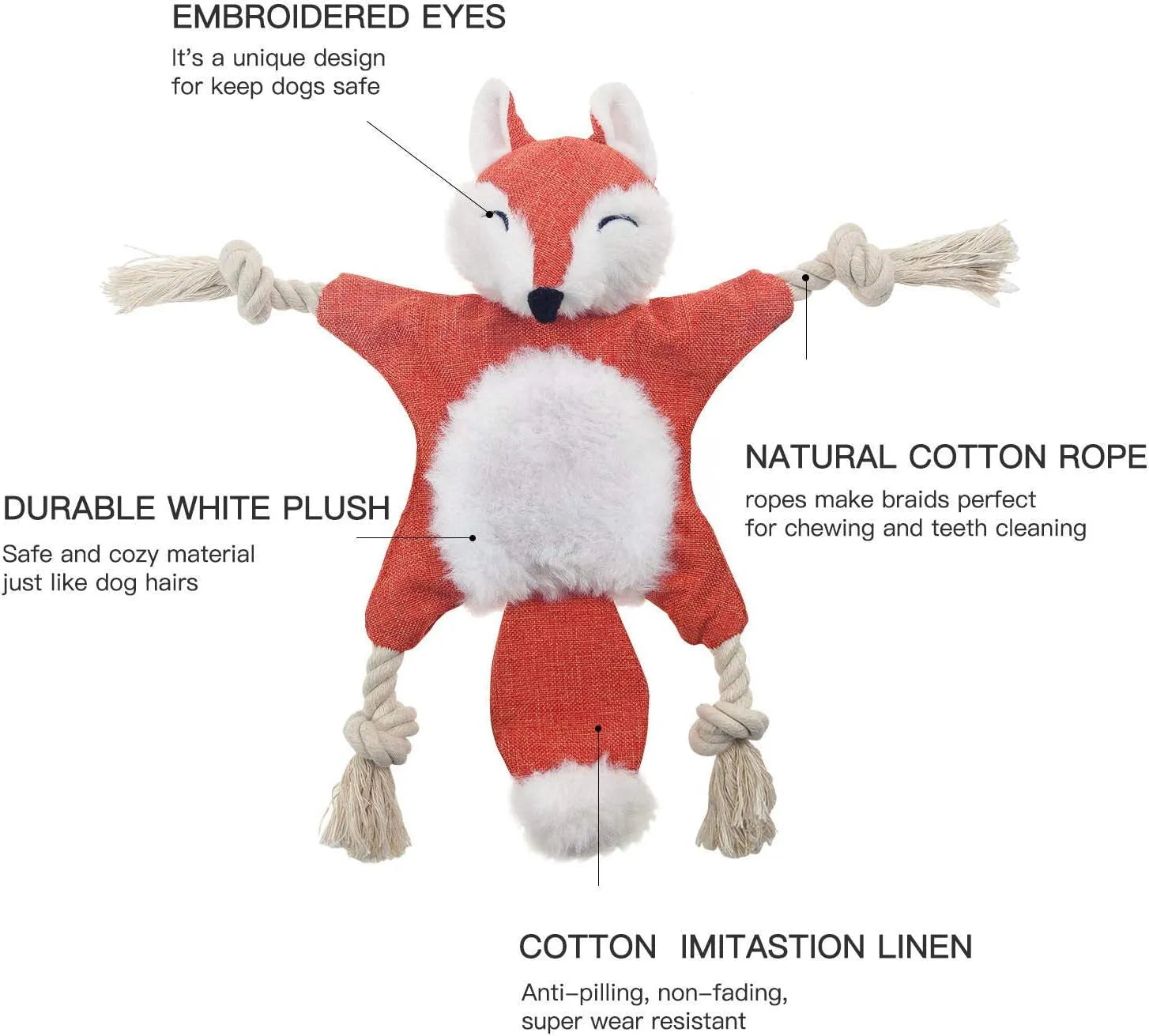 Brown fox-shaped dog toy with embroidered eyes, rope arms and legs, labelled as a squeaker and crinkle toy.