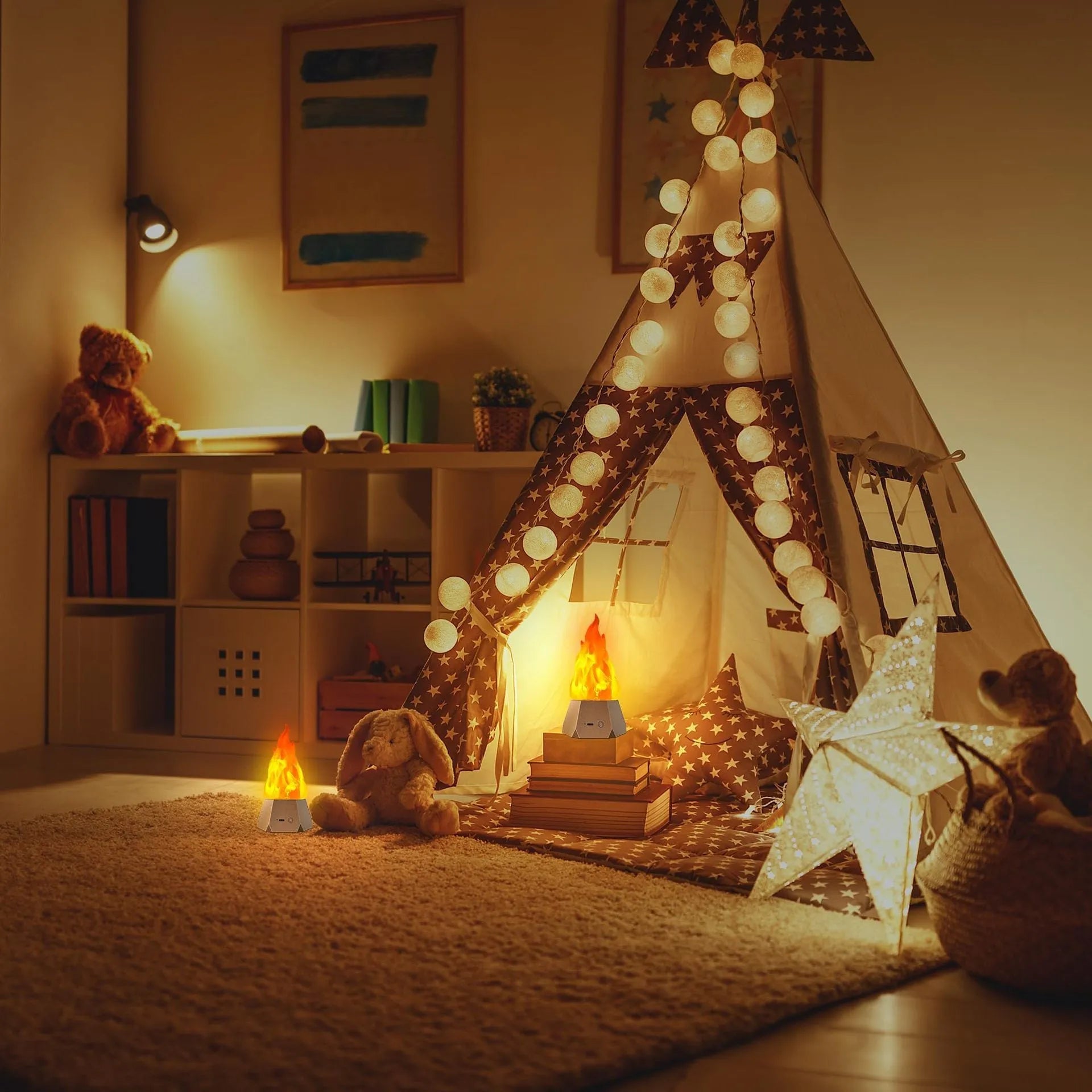 Flame-shaped decorative night light with black charging base for indoor and outdoor use