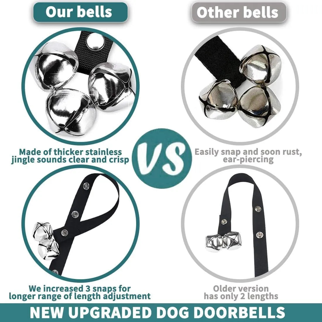 Silver metal dog training doorbell with 7 bells on an adjustable nylon leash hanging on a door