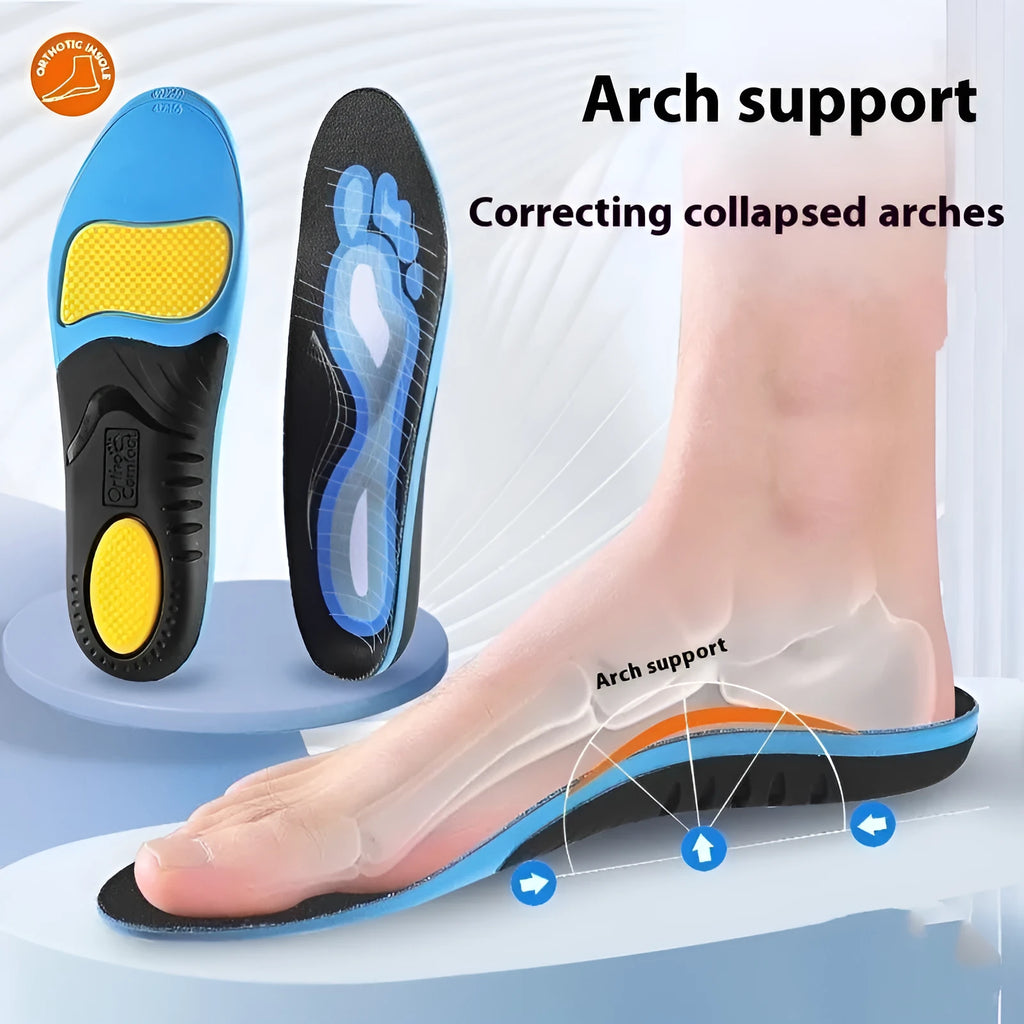 Blue and green flat foot correction insoles with raised arch support on a white background.