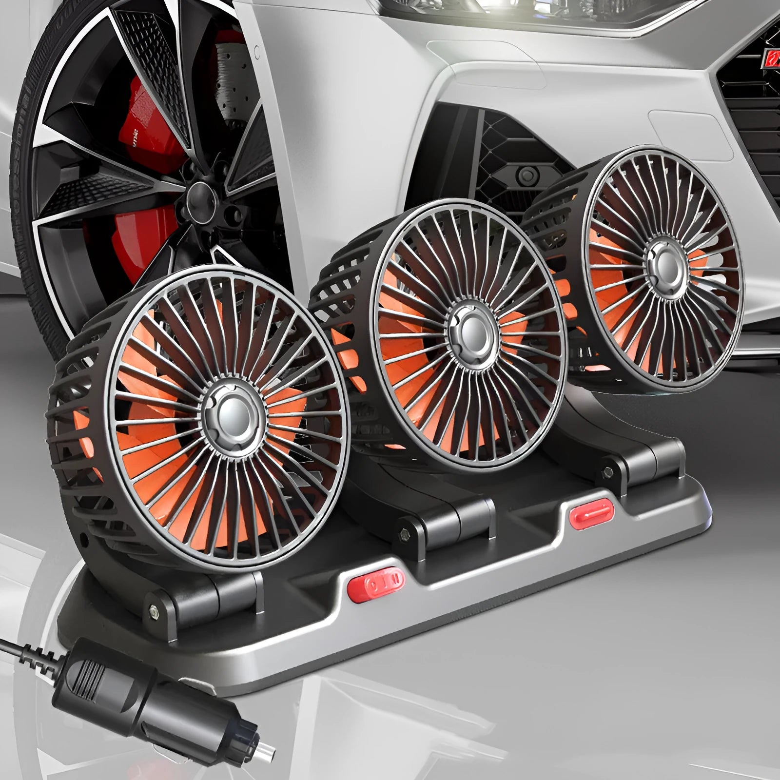 Three head automotive electric cooling fan with ABS motor housing and power cable for vehicle use