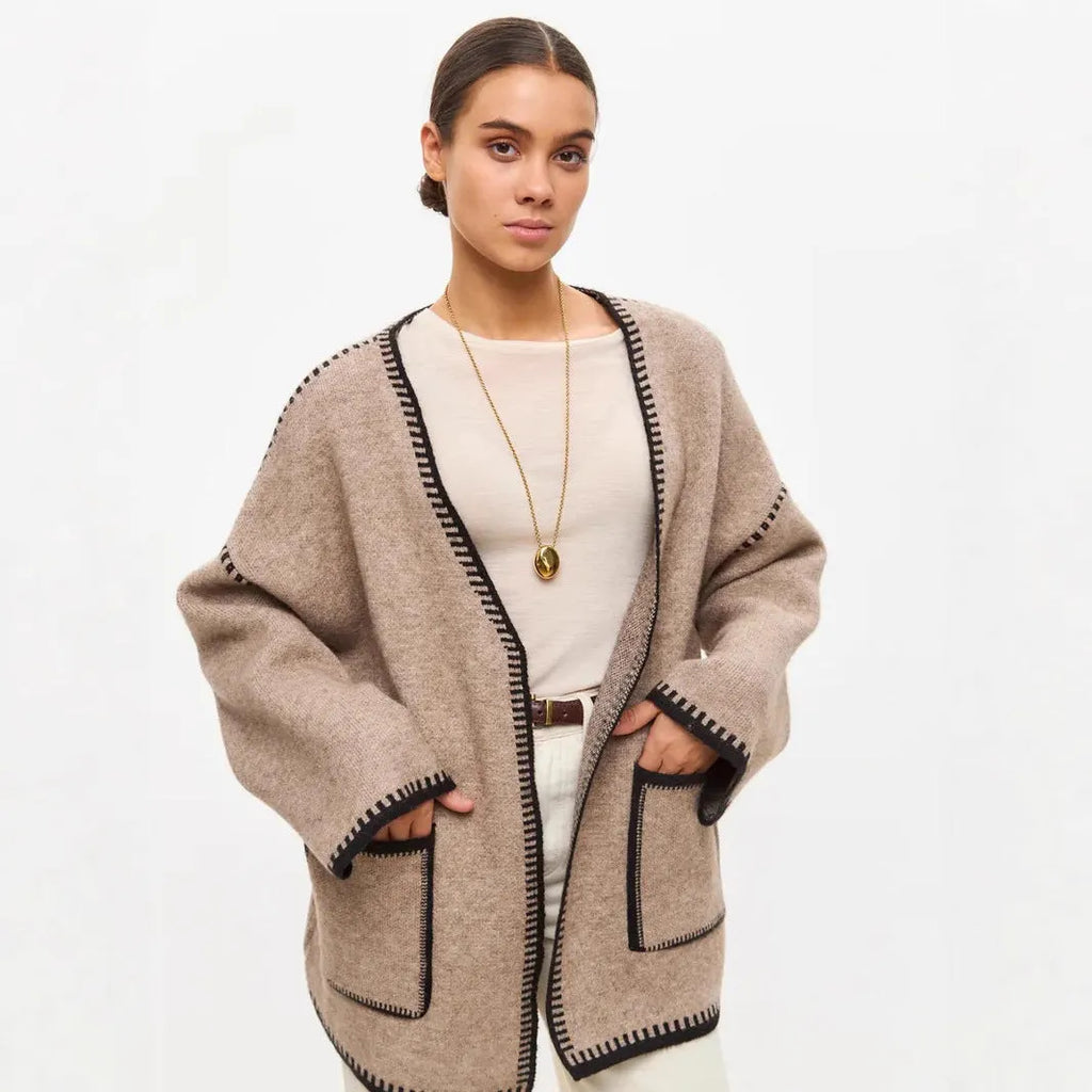 Loose lace-up front knitted cardigan in black, camel, or white colours