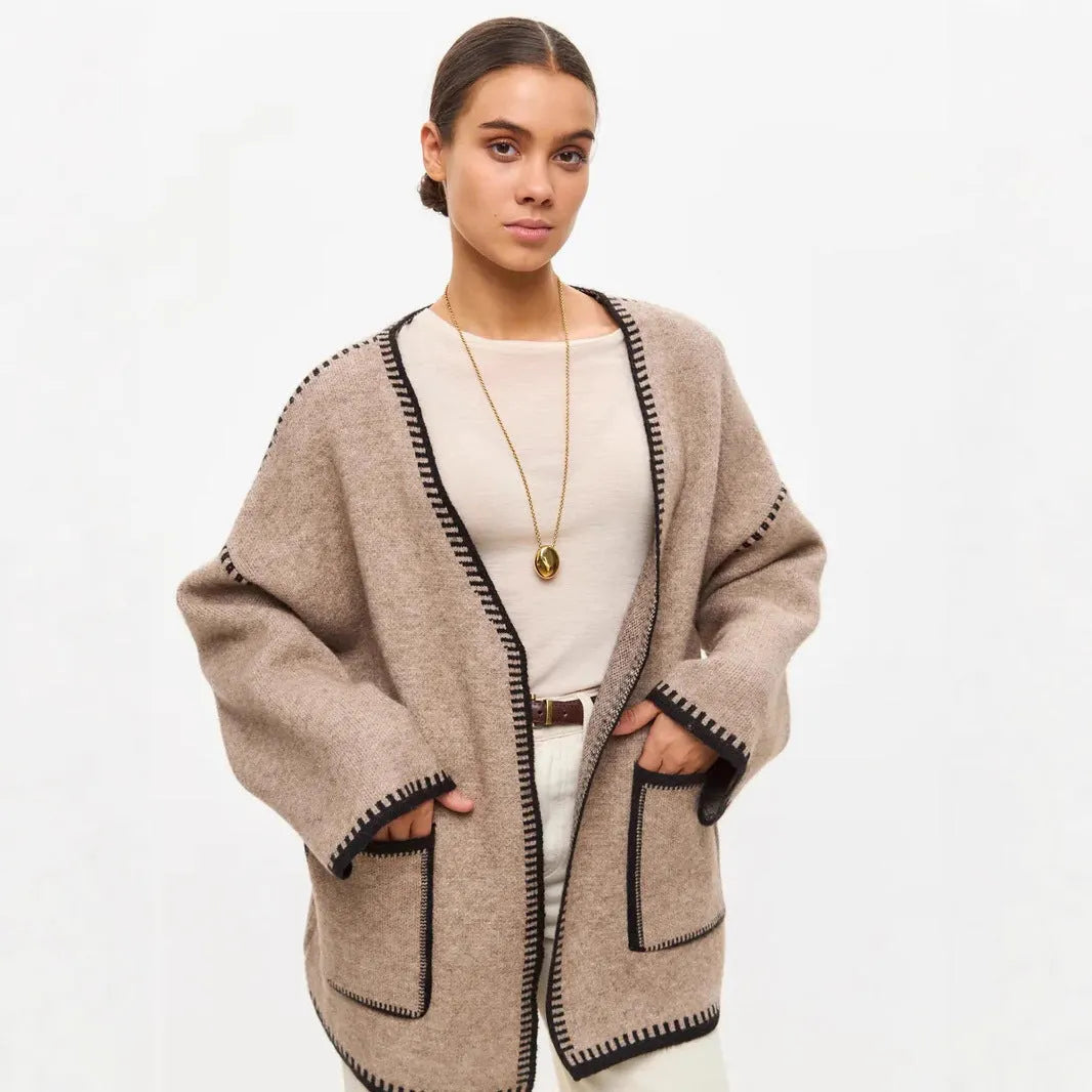 Loose lace-up front knitted cardigan in black, camel, or white colours