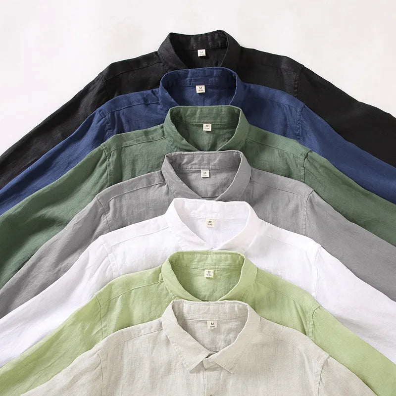 Long sleeve linen shirt in cardigan style with Chinese design elements, shown in light colour on hanger