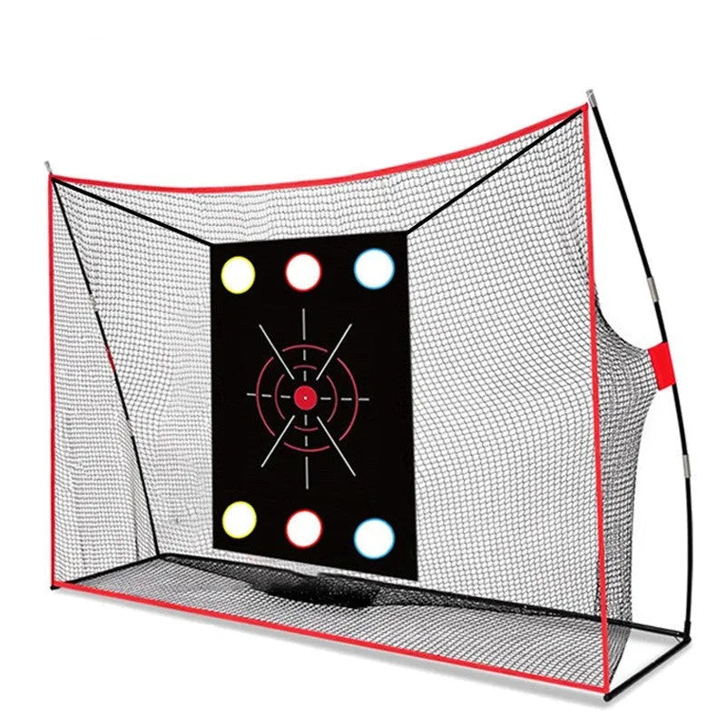 Golf swing wedge training net with 3-hole target, straw mat, practice balls and accessories