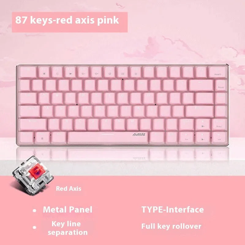 Pink mechanical gaming keyboard with 82 keys, white backlight illumination, and metal case