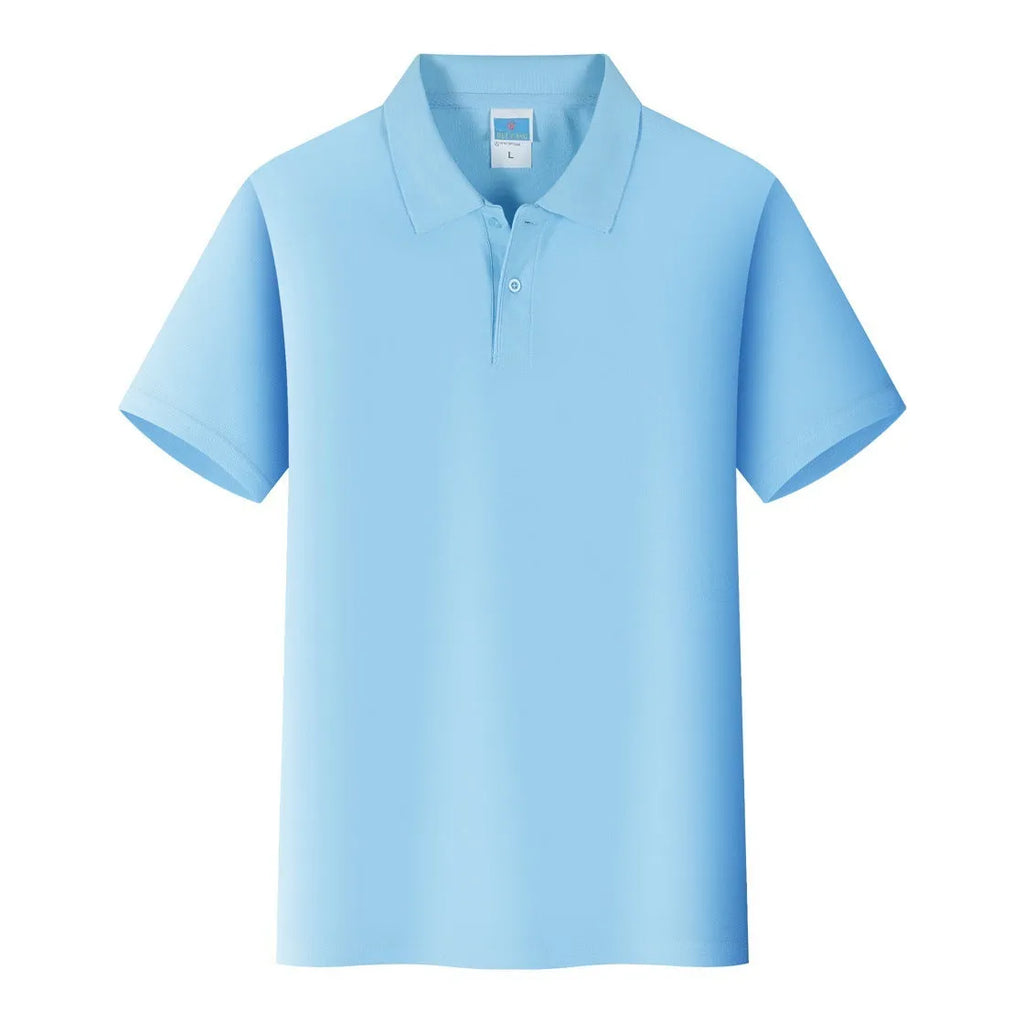 Short-sleeved cotton advertising shirt on a hanger, shown in a solid colour, suitable for custom embroidery.