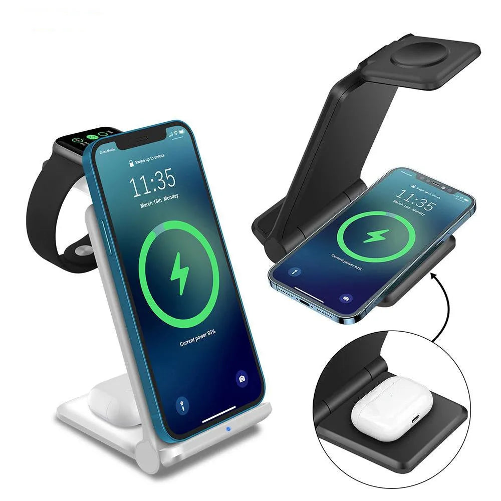 White foldable 3-in-1 wireless charging station showing phone, watch and earbuds charging simultaneously