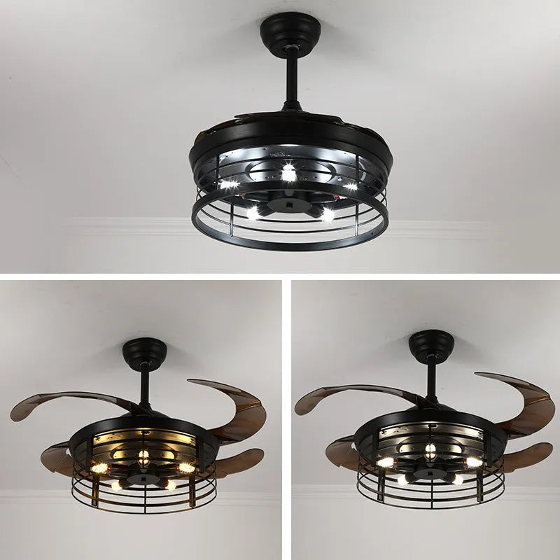 American retro ceiling fan lamp with invisible acrylic blades and integrated light fixture