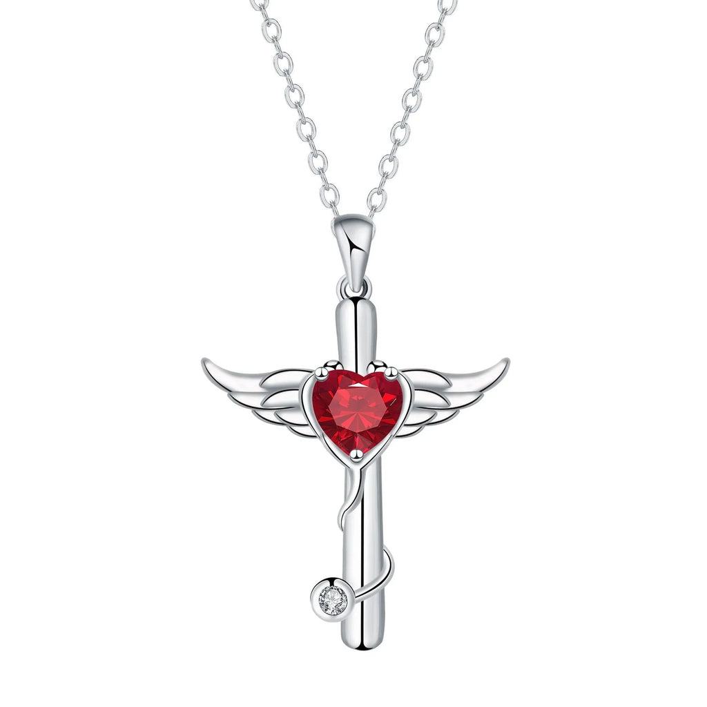 Cross stethoscope necklace with wings charm in electroplated copper, red diamond and white diamond colour options
