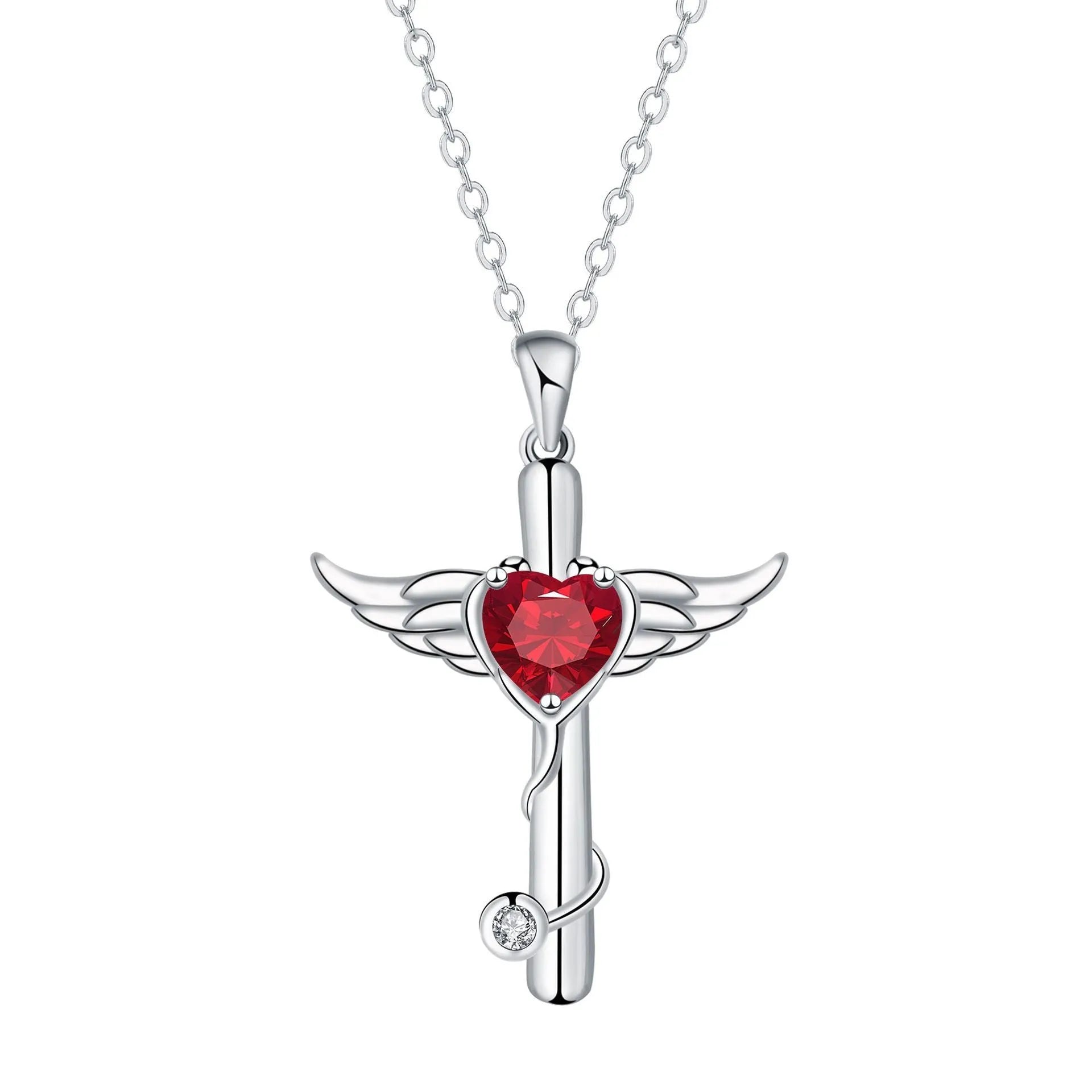 Cross stethoscope necklace with wings charm in electroplated copper, red diamond and white diamond colour options